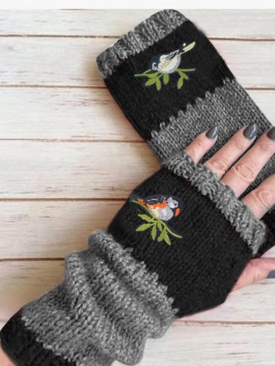 Chic Nation Accessories - Cozy hand-knit fingerless gloves in gray and black with a charming bird embroide
